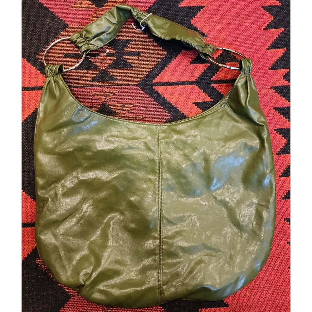 Green Faux Leather Shoulder Bag With Silver Rings & Tan Lining
